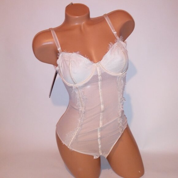 Extreme Look Lingerie One Piece Teddy Bodysuit Beige Lace Sheer Snap Up Bottom U - Picture 1 of 13